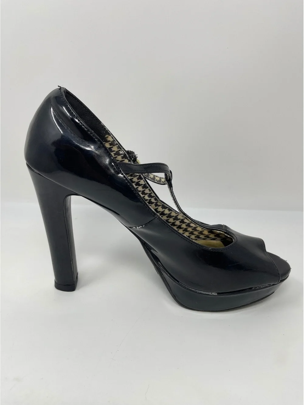 Christian Siriano Black Patent T-Strap Peep Toe Platform High Heels Pumps 6.5
